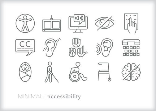 Set of accessibility line icons for tools to communicate with other people and consume information online through assistive technology