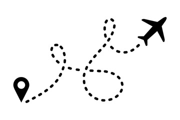 Icono de ruta de avión con símbolo de ubicación. Trayectoria de viaje. Ilustración vectorial - obrazy, fototapety, plakaty