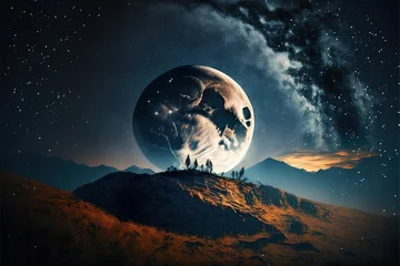 Zelfklevend Fotobehang Volle maan en bomen Starry Night with a moon in the top of the sky
