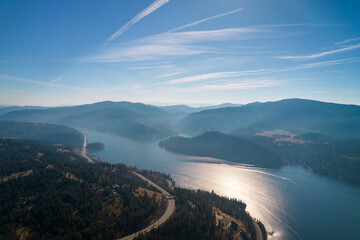 Aerial view of lake Coeur d'Alene in Idaho. Great places fro vacations in lake Coeur d'Alene