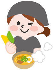 ラーメン屋で働く初心者の女性スタッフ