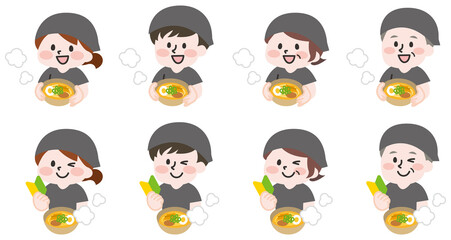 ラーメン屋で働くスタッフたちのセット