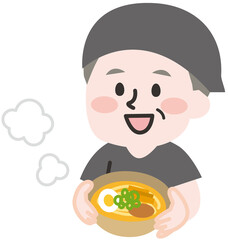 ラーメン屋で働く笑顔のシニア男性スタッフ 