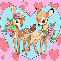 cartoon illustration, two cute fawns and flowers