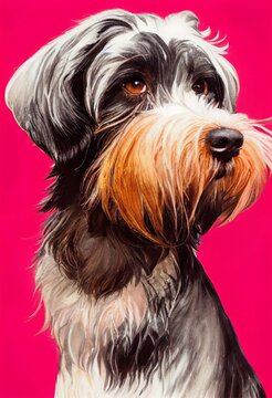 Funny adorable portrait headshot of cute doggy. Wirehaired Pointing Griffon dog breed puppy, standing facing front. Looking towards camera. Watercolor imitation illustration. AI generated vertical