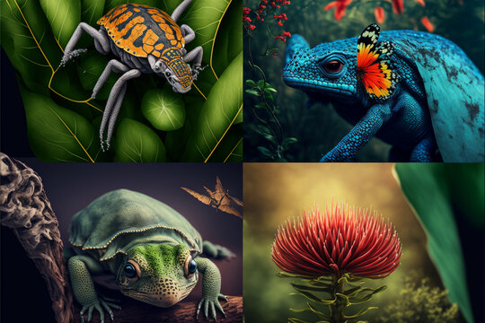 Biodiversity images, dragon, flower... 