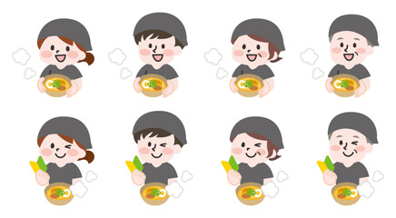 ラーメン屋で働くスタッフたちのセット