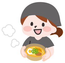 ラーメン屋で働く笑顔の女性スタッフ 