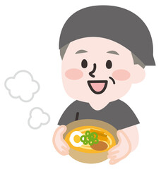 ラーメン屋で働く笑顔のシニア男性スタッフ 
