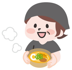 ラーメン屋で働く笑顔のシニア女性スタッフ 