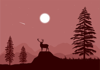 Fototapeta premium landscape with a red deer silhouette and moon vector illustration