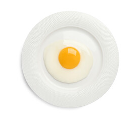 Plate with tasty fried egg isolated on white, top view