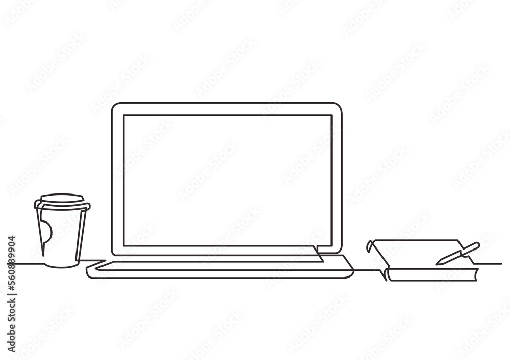 Poster continuous line drawing laptop computer coffee notepad - png image with transparent background