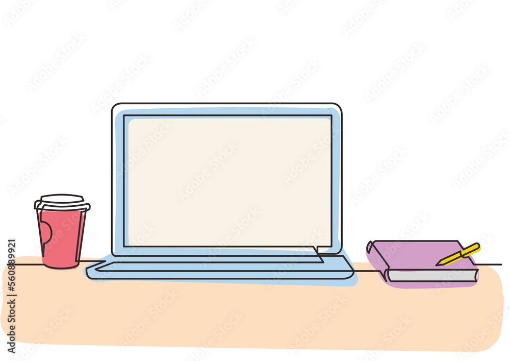 Poster continuous line drawing laptop computer coffee notepad 3 colored - png image with transparent backgr