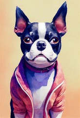 Funny adorable portrait headshot of cute doggy. Boston Terrier Dog breed puppy, standing facing front. Looking to camera. Watercolor imitation illustration. AI generated vertical artistic poster.