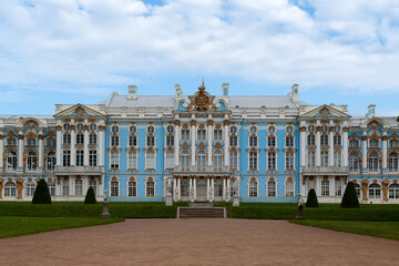 View of the Catherine Palace in the Catherine Park of Tsarskoye Selo on a sunny summer day,...