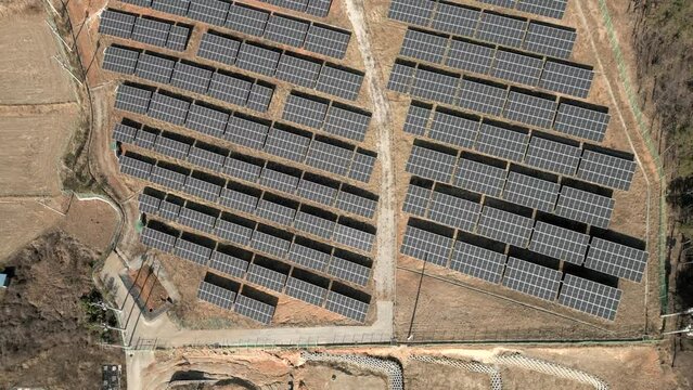 Solar Farm units environment producing renewable energy Aerial View, South Korea
