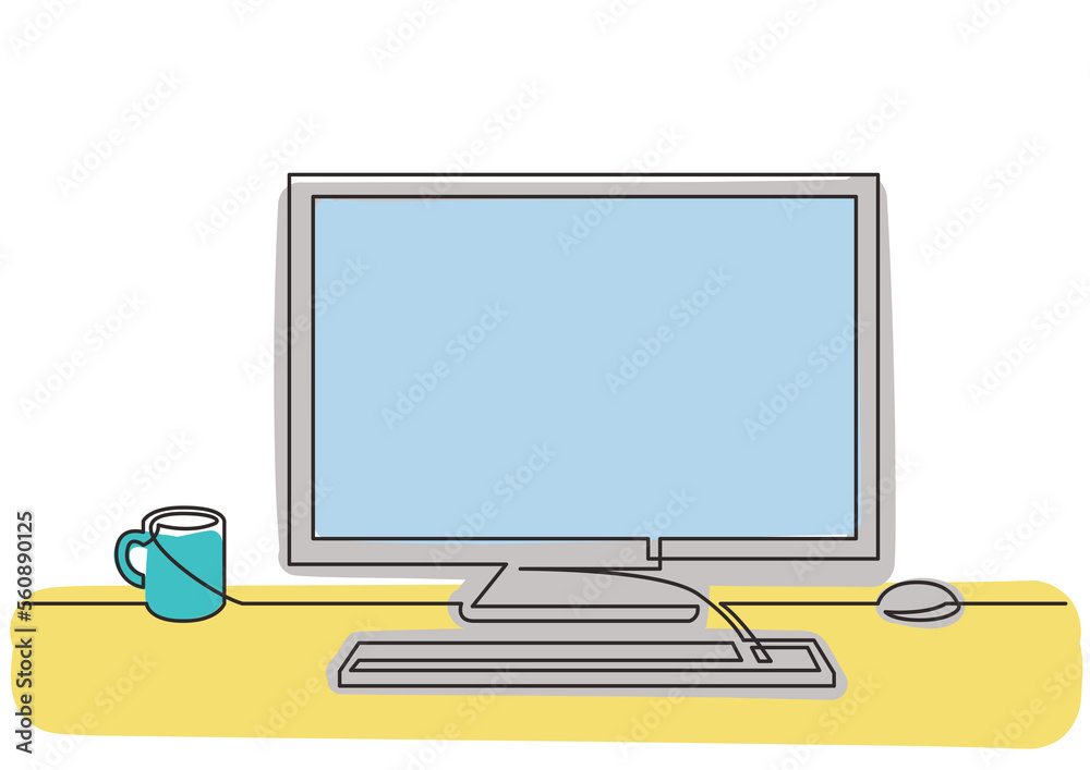 Wall mural continuous line drawing work desk computer coffee 3 colored - png image with transparent background