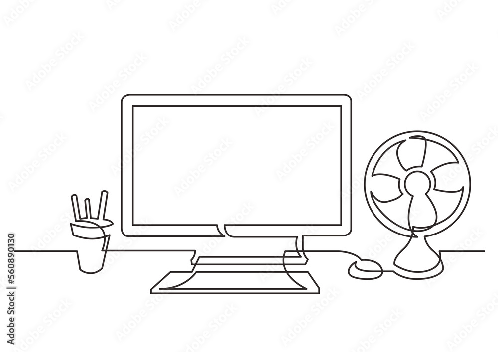 Wall mural continuous line drawing work desk computer cooling fan - png image with transparent background