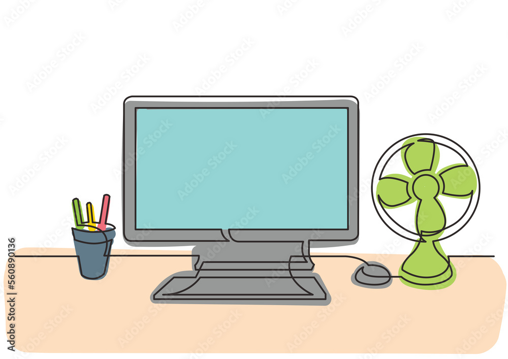 Wall mural continuous line drawing work desk computer cooling fan 3 colored - png image with transparent backgr