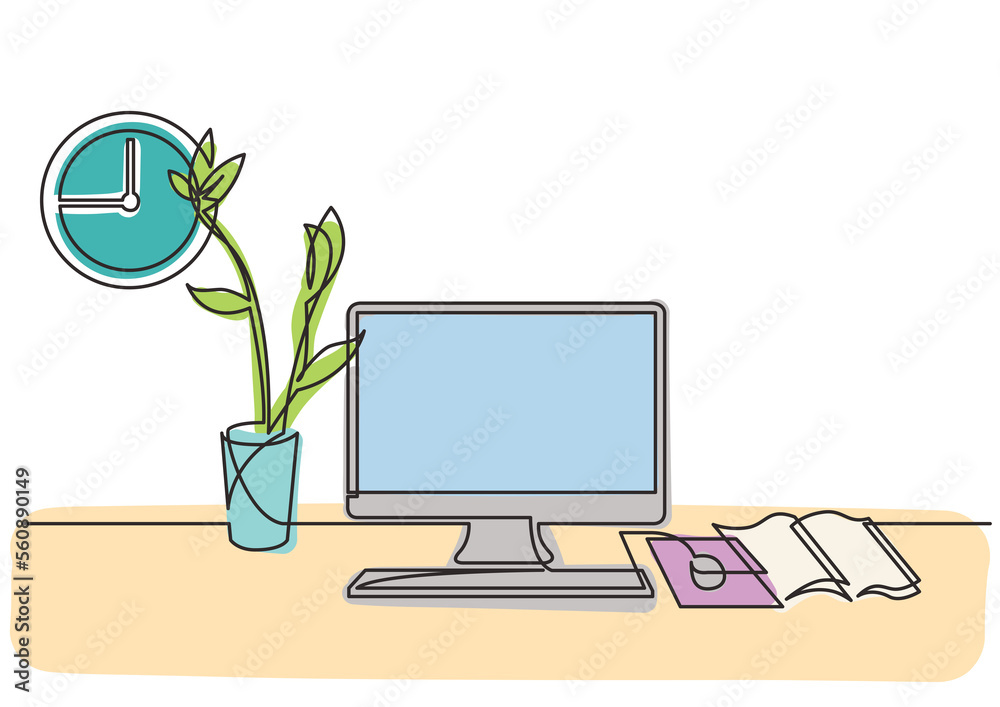 Poster continuous line drawing work desk computer flower 3 colored - png image with transparent background