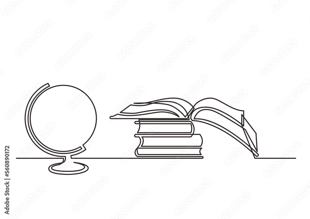 Wall mural continuous line drawing work desk globe books - PNG image with transparent background