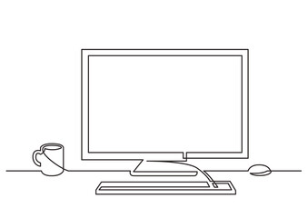continuous line drawing work desk computer coffee - PNG image with transparent background