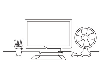 continuous line drawing work desk computer cooling fan - PNG image with transparent background