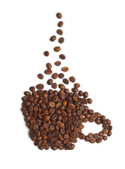 Cup of hot drink, composition made with coffee beans isolated on white, top view