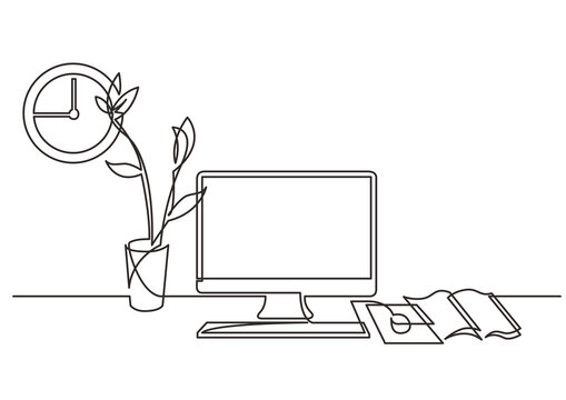 continuous line drawing work desk computer flower - PNG image with transparent background