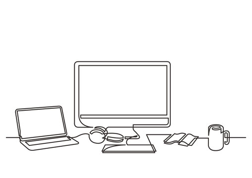 continuous line drawing work desktop computer laptop mug - PNG image with transparent background
