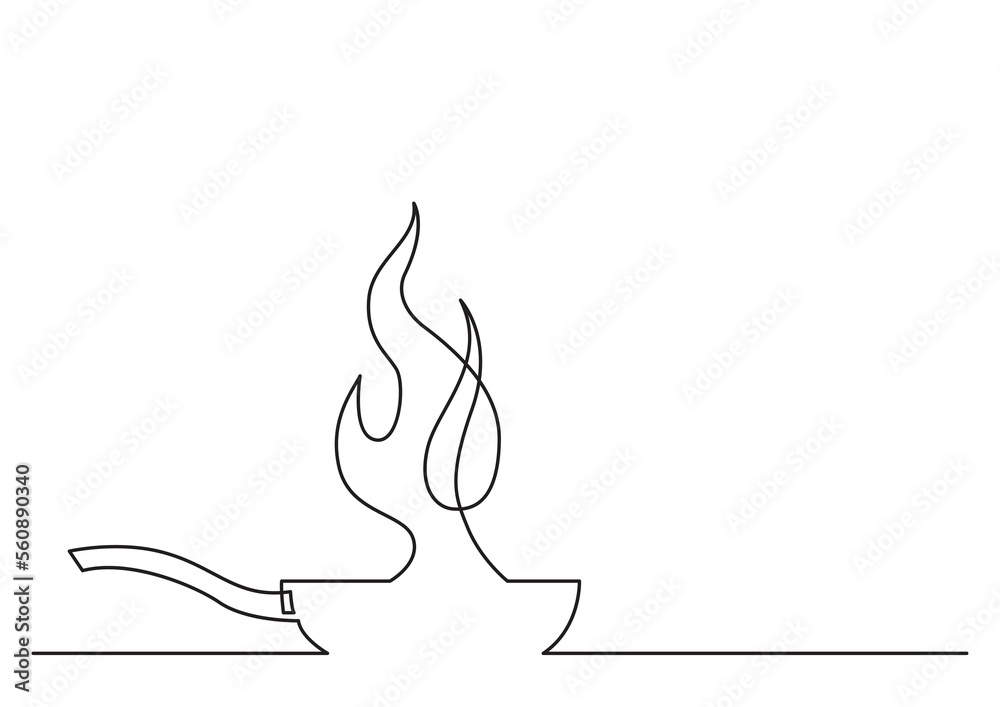 Poster one line isolated vector object frying pan with fire - png image with transparent background
