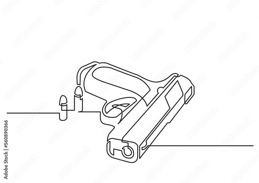 Poster one line isolated vector object handgun and bullets - png image with transparent background