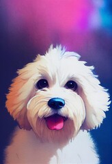 Funny adorable portrait headshot of cute doggy. Coton de Tulear Dog breed puppy, standing facing front. Looking to camera. Watercolor imitation illustration. AI generated vertical artistic poster.