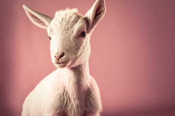 Illustration portrait of a cute baby goat on pink background, Generative ai