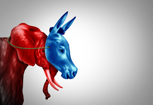 Fake Progressive or closet Liberal as a red Elephant pretending or masquerading as a Blue Donkey in an American election campaign as a symbol of opposition research