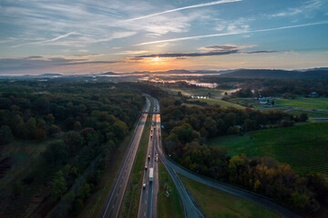 Aerial view of fabulous landscape during early morning sunrise