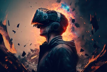a person wearing a virtual reality headset, lost in a digital world, representing the idea of immersive technology (AI Generated)