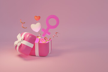 female symbol and gift box background, 3d rendering