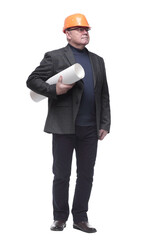 in full growth. qualified architect with drawings .