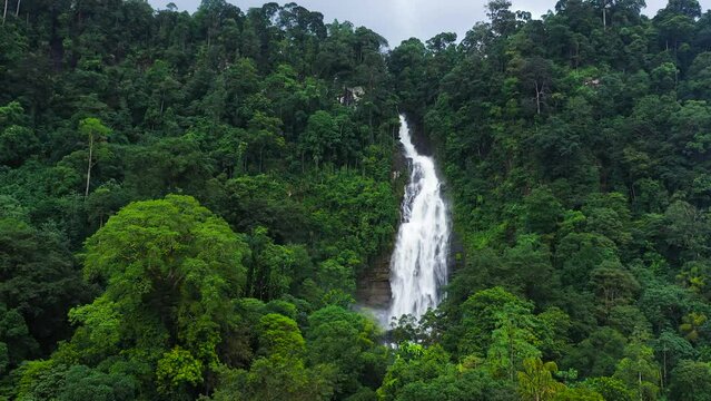 Aerial view of tropical waterfall in the jungles.. Mapalana Falls. Sri Lanka.