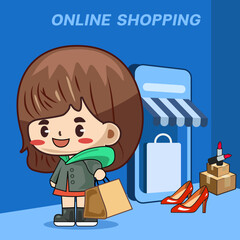 Online shopping concept, Mobile online shopping with character chibi character. Vector illustrator
