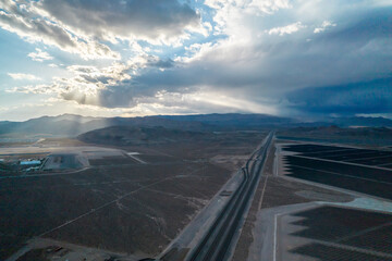 Aerial view of beutifule landscape in Nevada. Solar panels in fabolous Mountain place. 