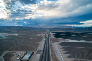 Aerial view of beutifule landscape in Nevada. Solar panels in fabolous Mountain place. 