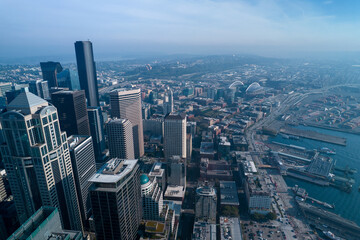 Naklejka premium Aerial view of skyscrapers in Seattle state Washington. Centr of the city in Seattle.