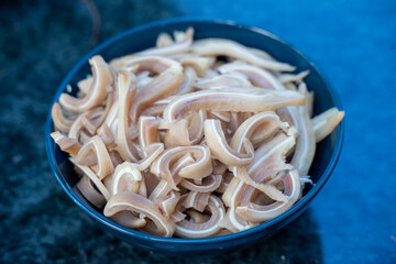 Cooked pork ears. Vietnamese cuisine traditionally includes pork parts such as intestine, pork ears... The cooked pork ears are cleaned well, chopped, sliced then mixed with noodles, wrapped or fried.