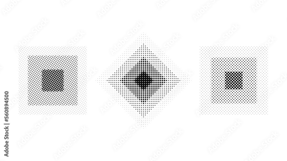 Poster halftone concentric square set. comic texture rectangles collection. dotted design elements collecti