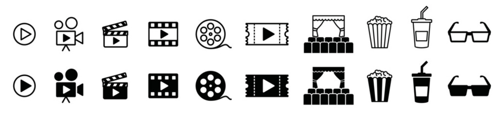 Cinema icons vector set. Movie, film, video, tv and more icon for apps and websites, symbol illustration - obrazy, fototapety, plakaty