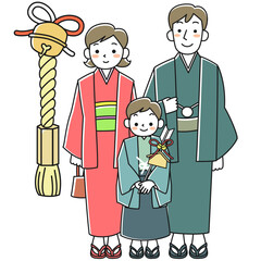 着物を着て初詣をする家族