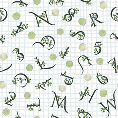 Letters and numbers seamless pattern. Floral monograms and dots on square lined background. Watercolor illustration. For textile, wrapping paper, scrapbooking, stationery and packaging design